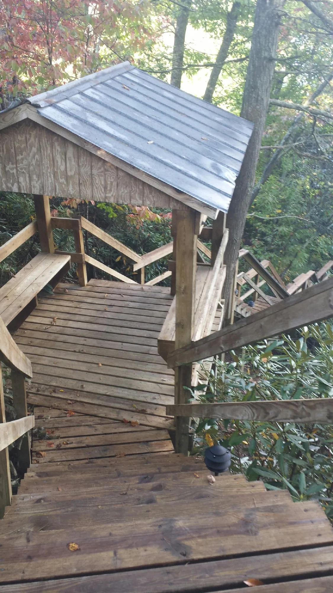 Metal roofed shelter over wooden steps on a wooded walkway — Skylight Repair & Installation work by our crew in Russell Springs